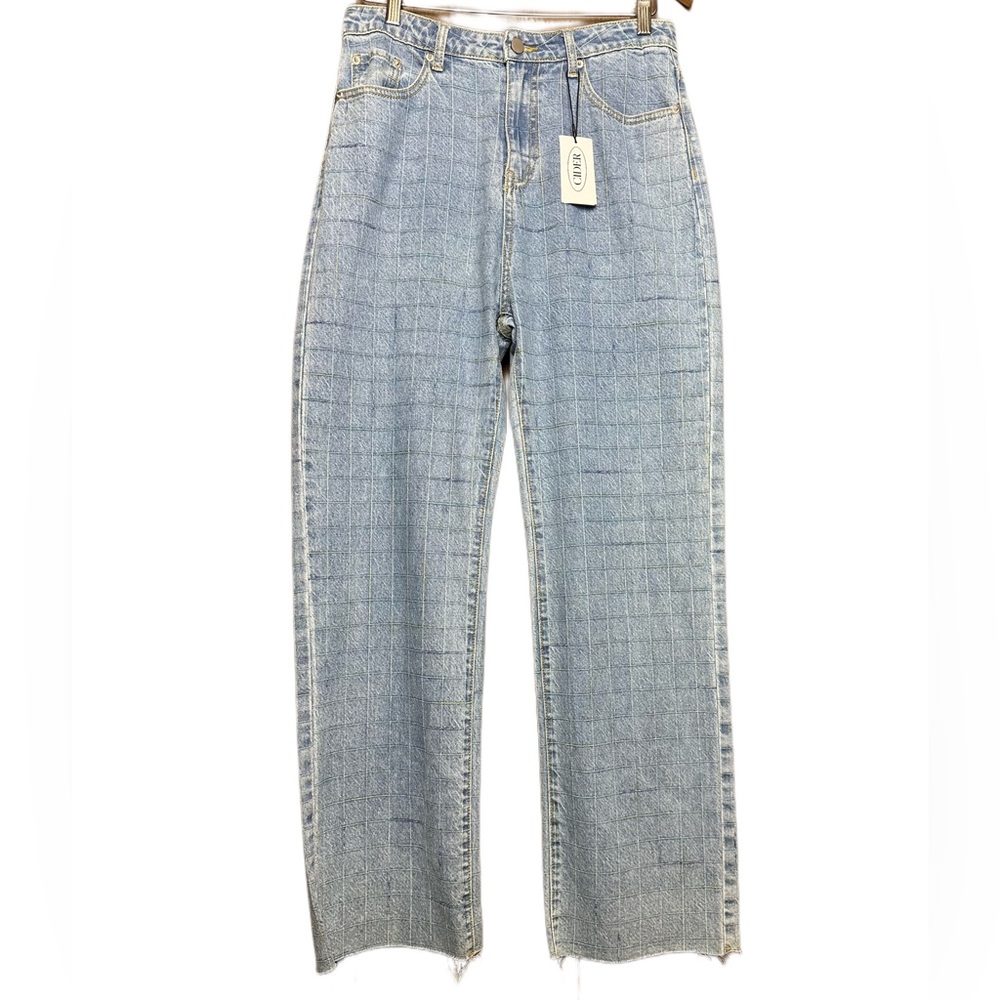 NWT Cider Relaxed Fit Blue Jeans Woman’s Size Large Square Pattern Raw Hem Pants
